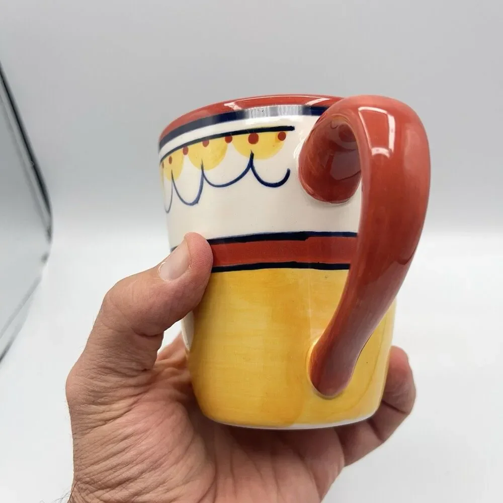 Pier 1 Del Sol Collection Coffee Cup, Hand Painted. Yellow And Orange Design.